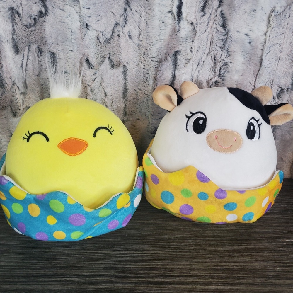 Linzy Plush Cow & Chick Sitting In Easter Egg Shells Squishy Soft - Lot Of 2